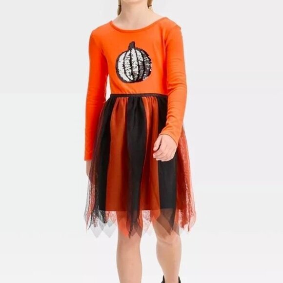 Girls Long Sleeve Flip Sequin Pumpkin Halloween Tulle Dress - Cat & Jack - Picture 2 of 4